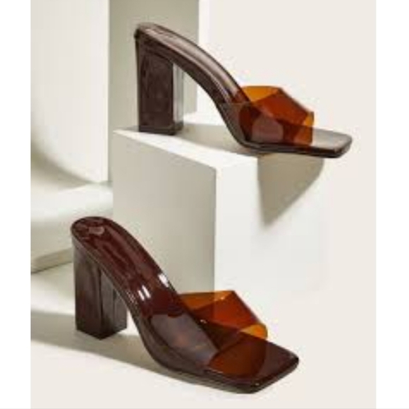 Source Unknown Shoes - Unbranded Brown Transparent Square Toe Block Heel Sandals Slides, Sz 9.5